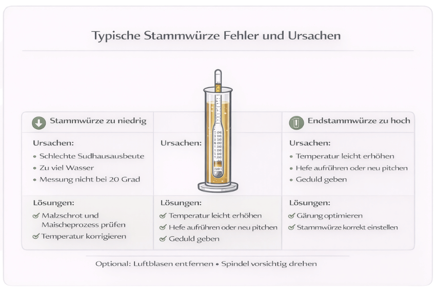 Typische Stammwürze Fehler mit Ursachen und Lösungen bei zu niedriger Stammwürze Endstammwürze und Alkoholgehalt