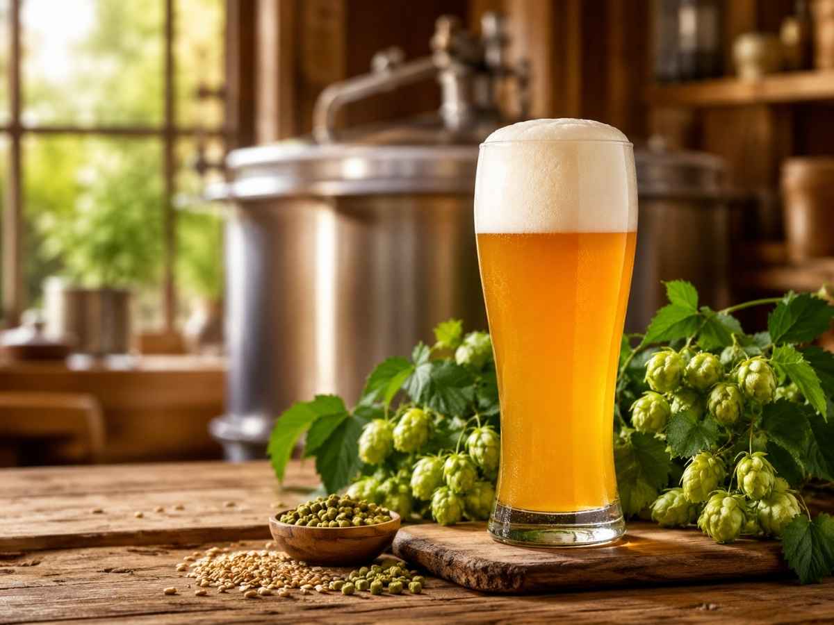 Hopfenpellets für Weizenbier mit naturtrübem Weizen und frischen Hopfendolden beim Bier brauen