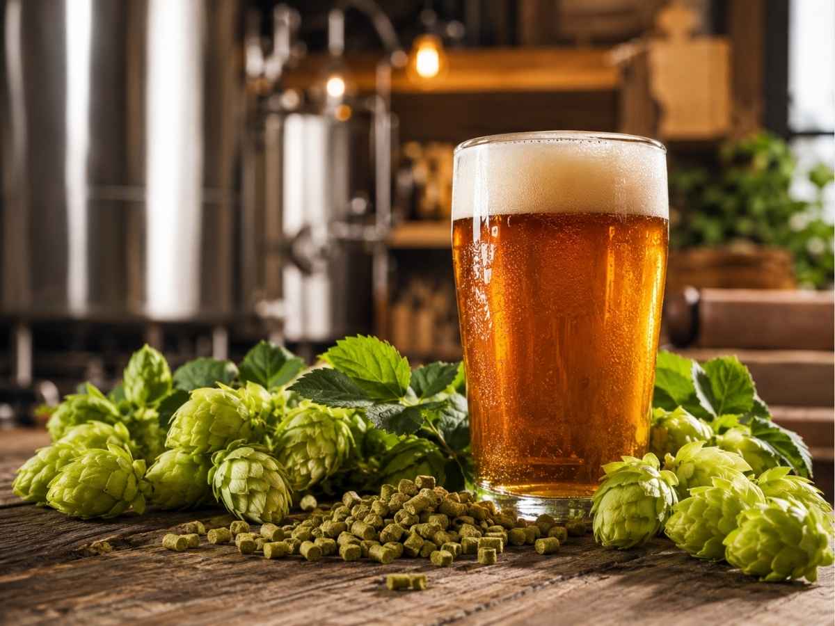 Hopfenpellets für Pale Ale mit frischen Hopfendolden und bernsteinfarbenem Craft Beer beim Bier brauen