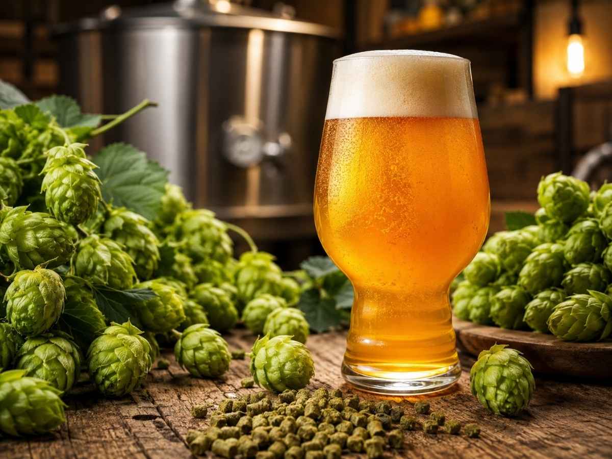 Hopfenpellets für IPA mit frischen Hopfendolden und goldorangem Craft Beer beim Bier brauen