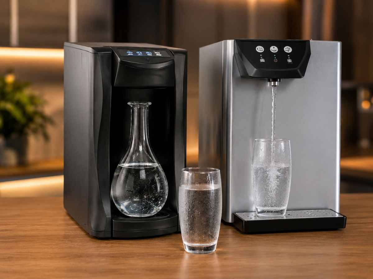 Tafelwasseranlage für gekühltes Trinkwasser und Sprudelwasser Tafelwasseranlage mit zwei Auftischgeräten für gekühltes und frisches Trinkwasser