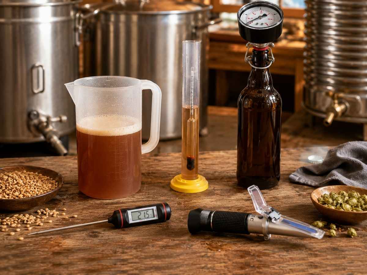 Messgeräte für Hobbybrauer mit Bierspindel Thermometer und Refraktometer