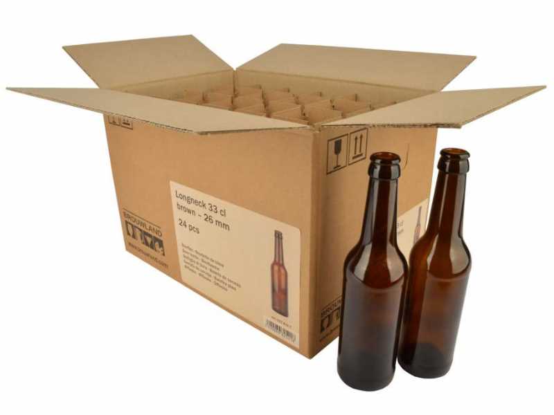 Beer bottle longneck 33 cl, brown, 26 mm, carton 24 pieces