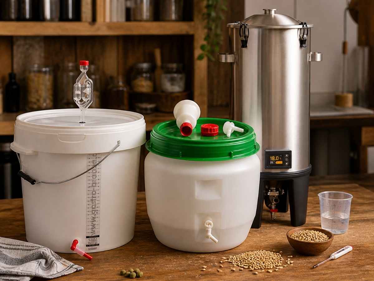 Gärbehälter für Bierbrauen aus Kunststoff und Edelstahl mit Gärröhrchen