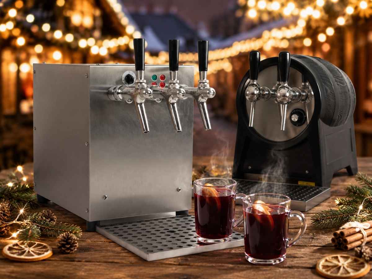Glühweinzapfanlagen mit zwei Auftischgeräten für heißen Glühwein und Wintergetränke