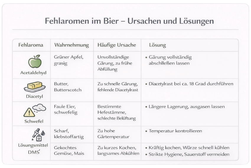 Fehlaromen im Bier mit Ursachen und Lösungen wie Diacetyl Acetaldehyd DMS Schwefel und Oxidation
