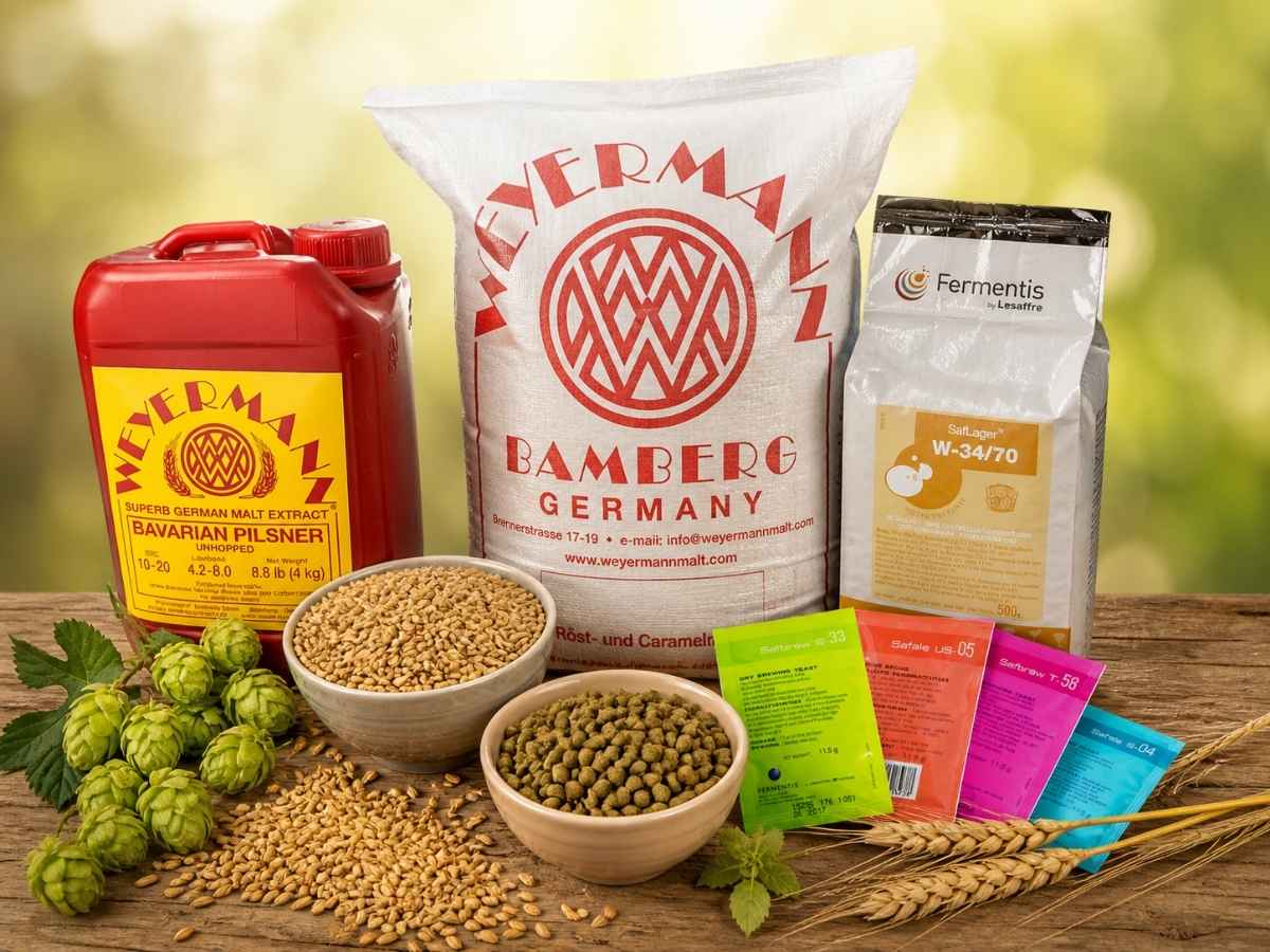 Bierzutaten für Bier brauen mit Malz Hopfen und Hefe für Hobbybrauer