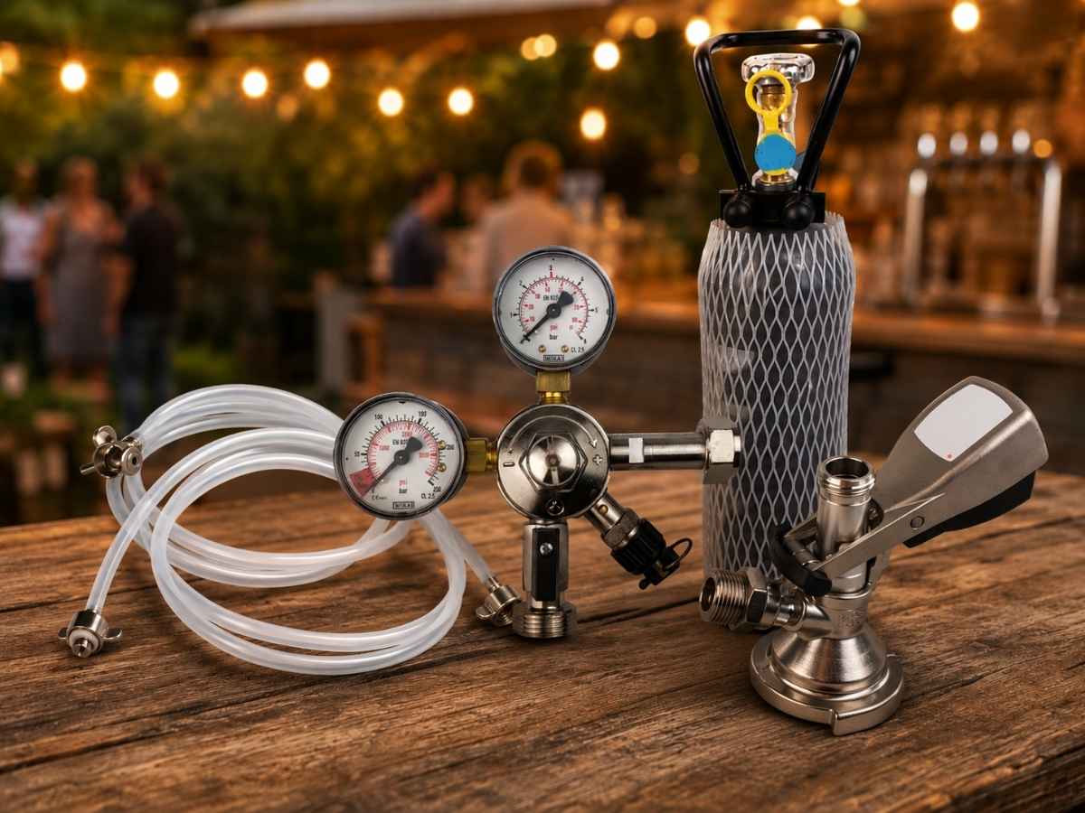 Schanktechnik Zubehör mit CO2 Flasche, Druckminderer, Zapfkopf und Bierschläuchen