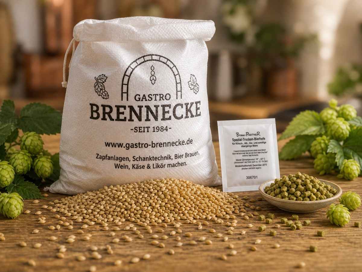 Malzmischung für Bier brauen mit Malz, Hopfen und Hefe für Hobbybrauer
