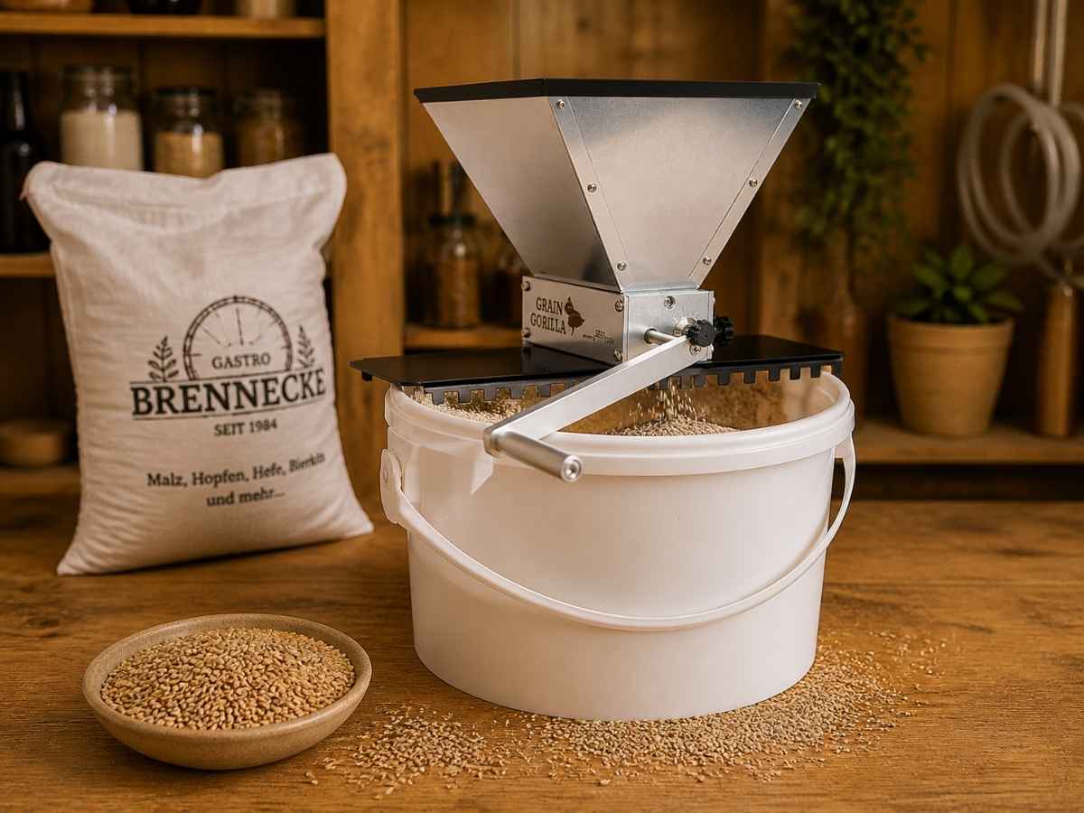 Malzmühle auf Gäreimer beim Schroten von Braumalz