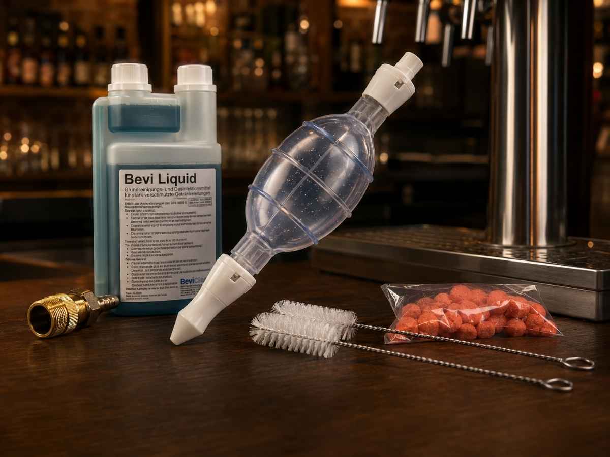 Reinigung und Pflege für Schanktechnik mit Bevi Handy, Bierleitungsreiniger, Bürsten und Hygienezubehör