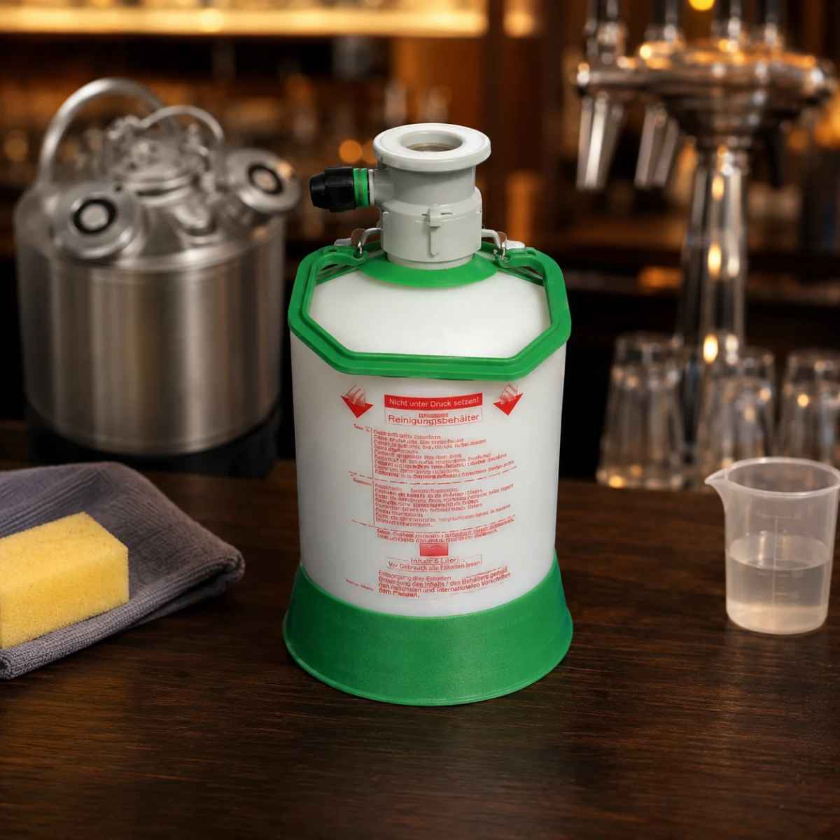 Reinigungsbehälter zur chemischen Reinigung von Bierleitungen und Zapfanlagen