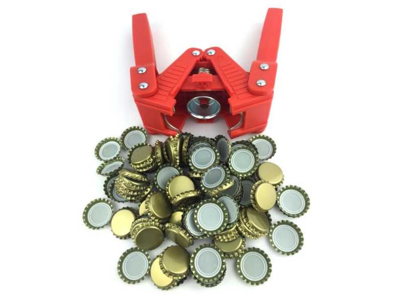 Kronkorkenverschlußgerät Hand rot + 100 Kronkorken gold Kronkorkenverschlußgerät Hand rot + 100 Kronkorken gold