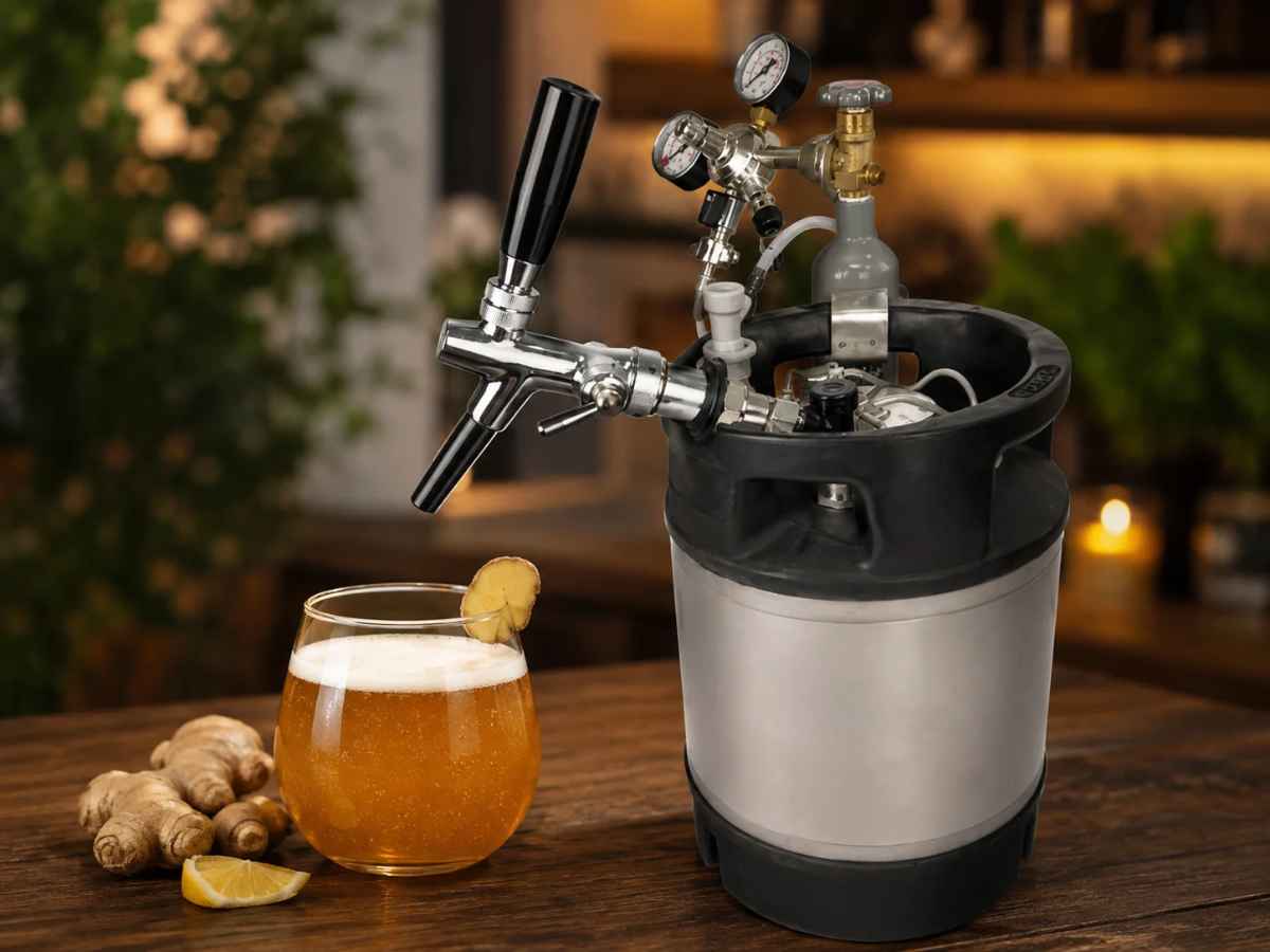 NC Keg mit Zapfhahn und Kombucha im Glas