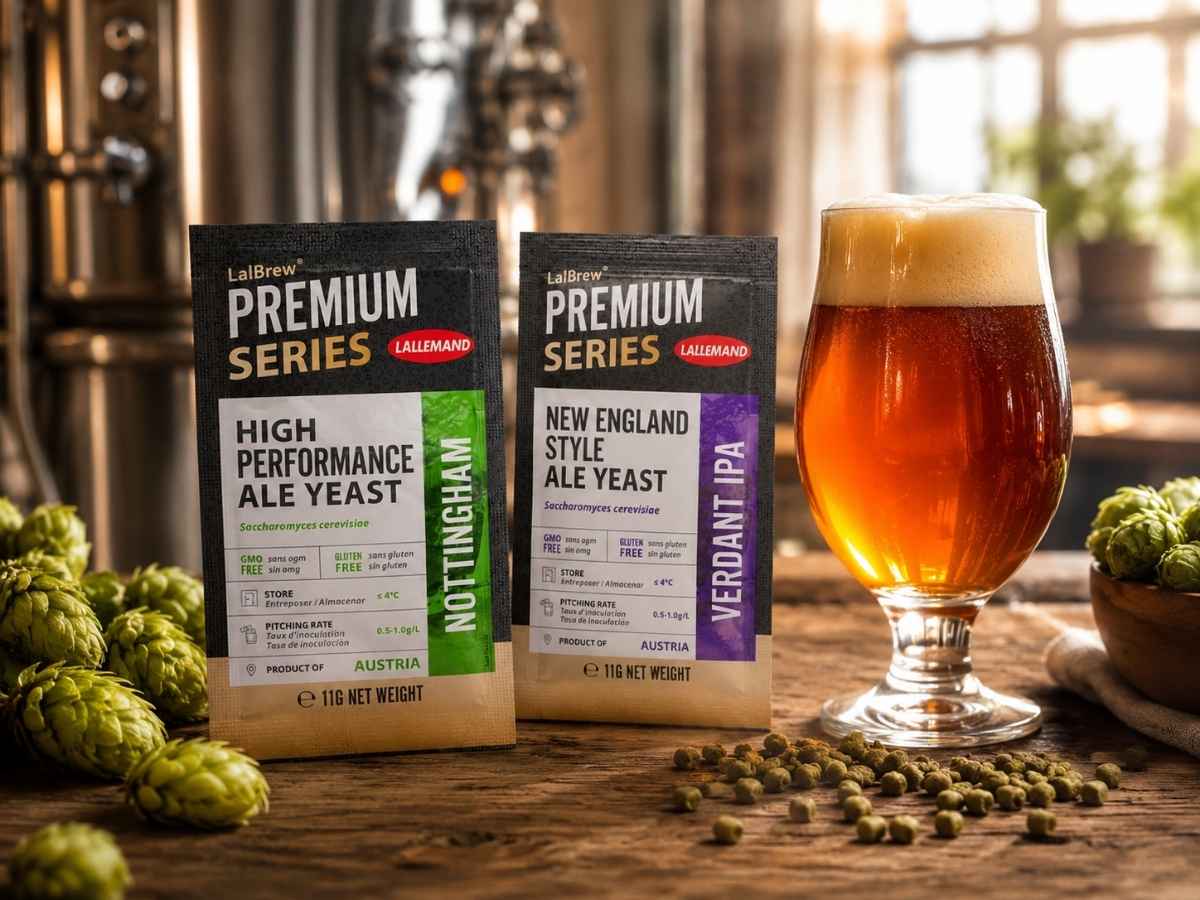 Ale und Craft Beer Hefe mit Nottingham Ale Trockenhefe und bernsteinfarbenem Craft Beer beim Bier brauen