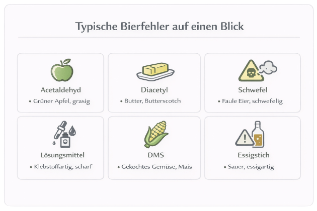 Typische Bierfehler auf einen Blick mit Acetaldehyd Diacetyl Schwefel DMS Lösungsmittel und Essigstich