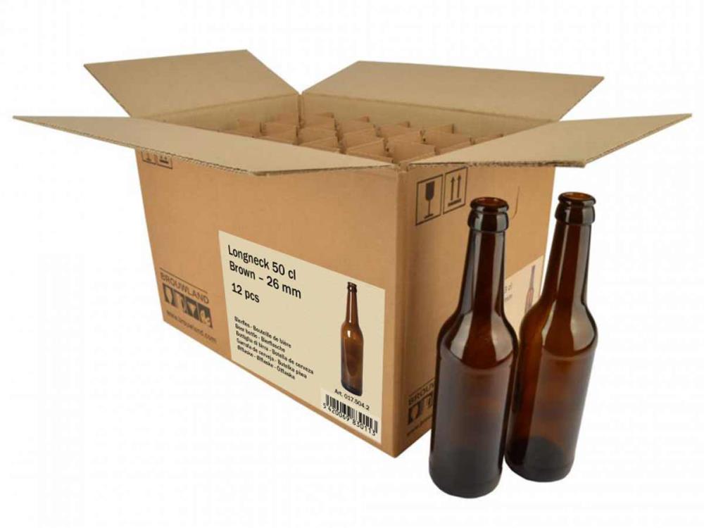 Beer bottle longneck 50 cl, brown, 26 mm, carton 12 pieces