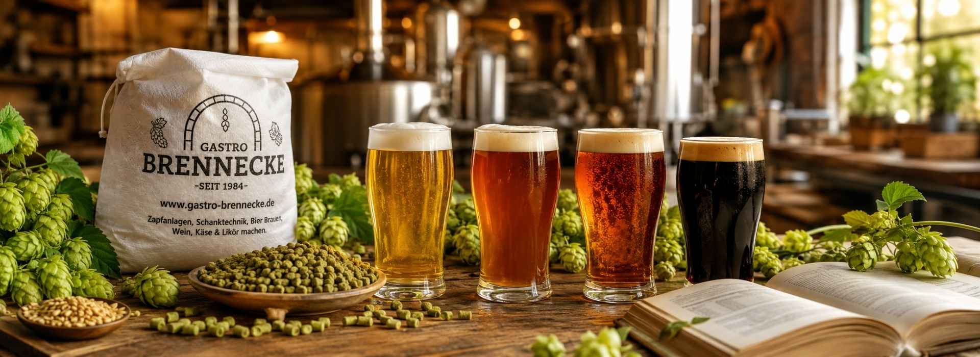 Hopfenwissen und Bierstile entdecken mit Hopfendolden, verschiedenen Bieren und Hobbybrauer Atmosphäre
