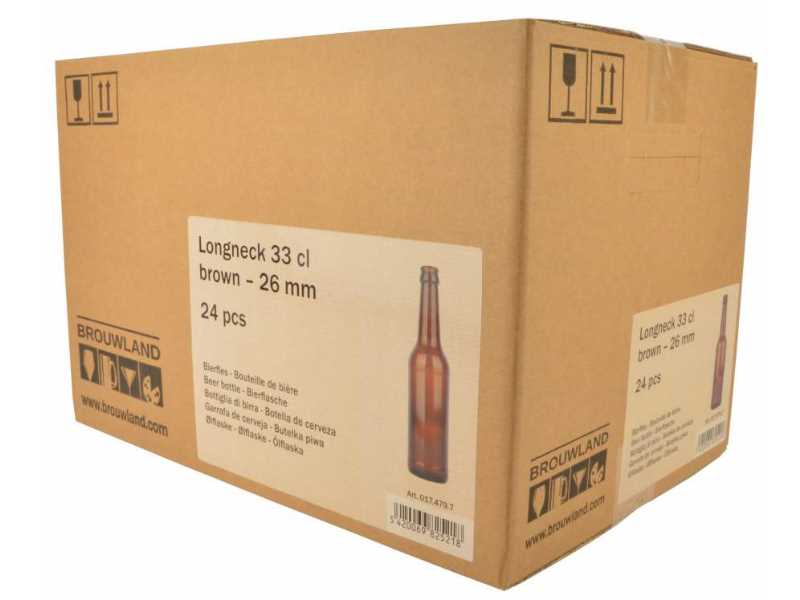 Beer bottle longneck 33 cl, brown, 26 mm, carton 24 pieces