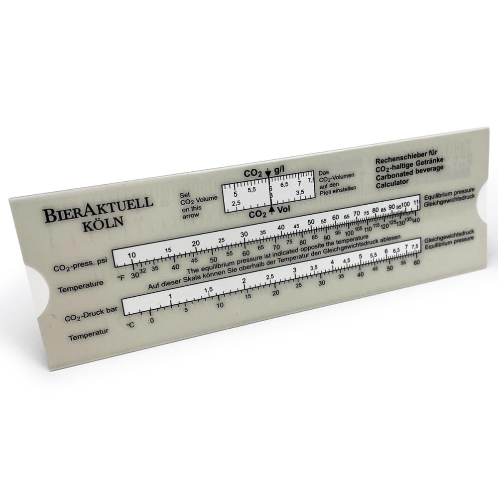 Slide rule for tapping system Calculate Co2 pressure Determine beer pressure