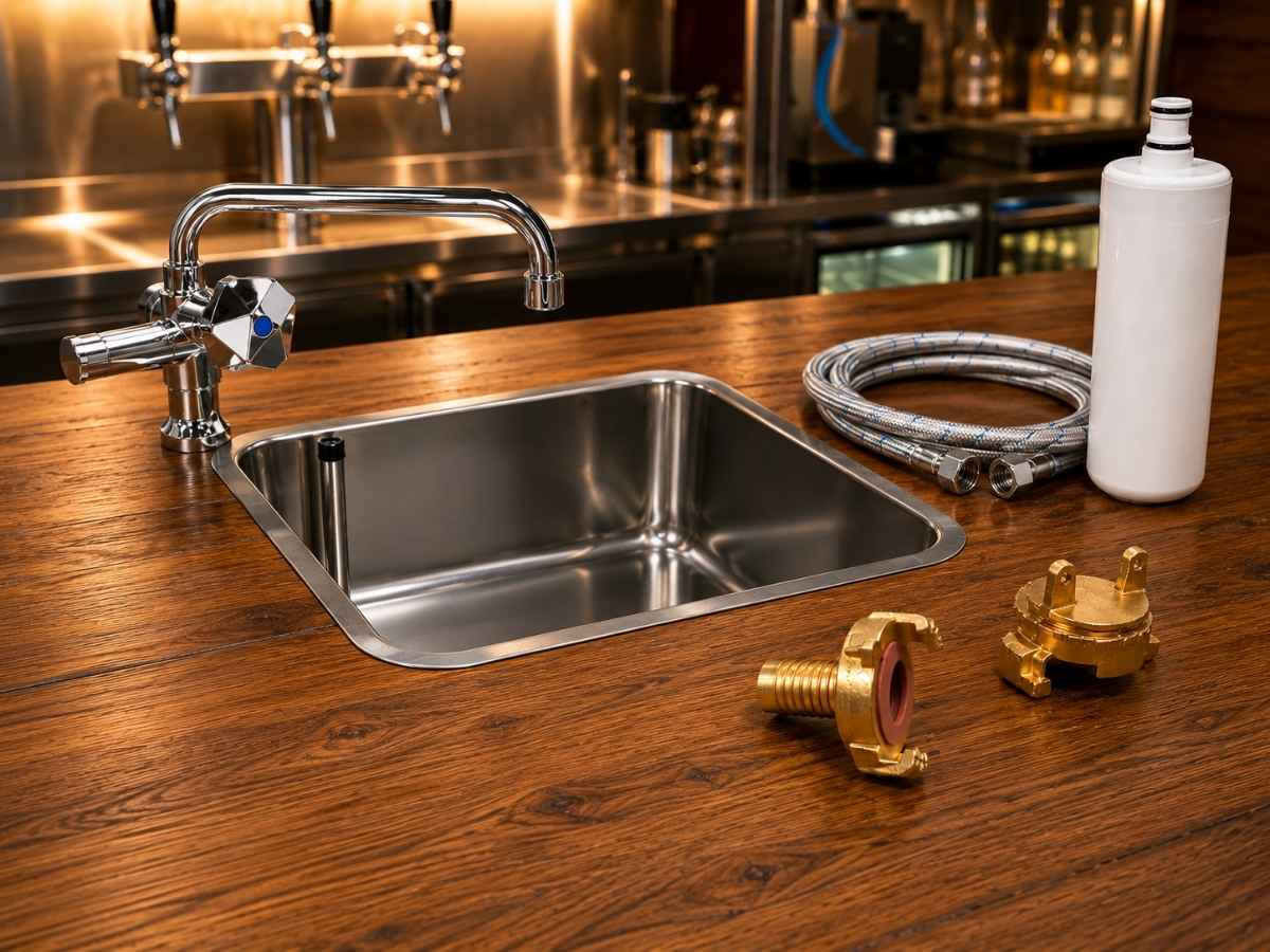 Wassertechnik mit Edelstahl Spülbecken, Trinkwasserschlauch, GEKA Kupplung und Wasserfilter