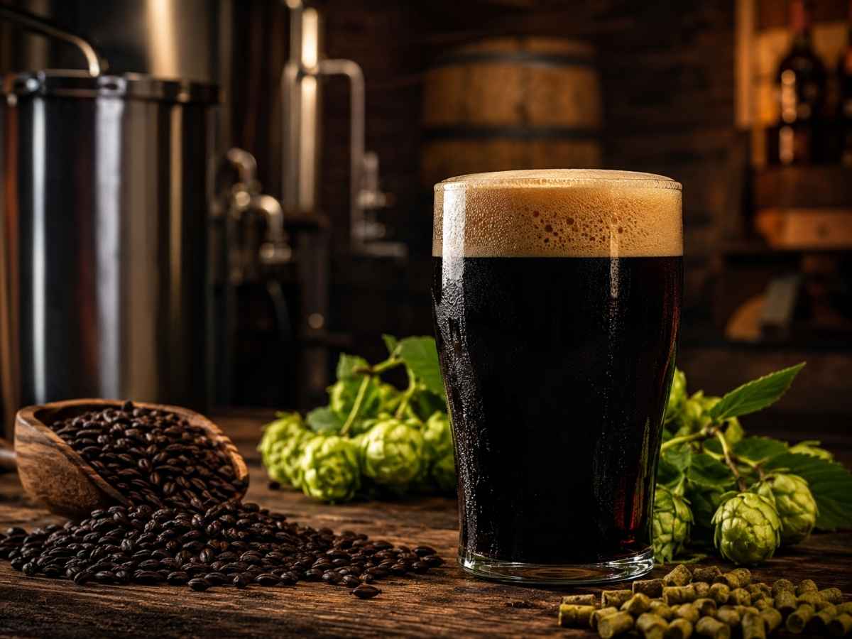 Hopfenpellets für Stout und Porter mit dunklem Craft Beer und Röstmalz beim Bier brauen