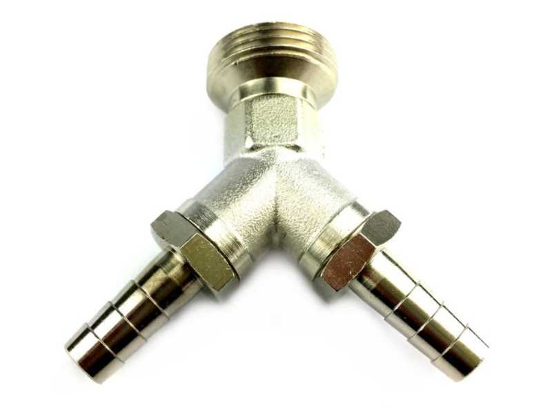 Y-Stück Metall mit 1x 3/4" AG + 2x Tüllen 7mm (X) Y-Stück Metall mit 1x 3/4" AG + 2x Tüllen 7mm (X)