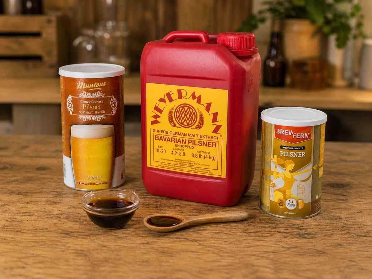 Malzextrakt für Bier brauen als flüssiger Extrakt im Kanister und Dosen für Hobbybrauer