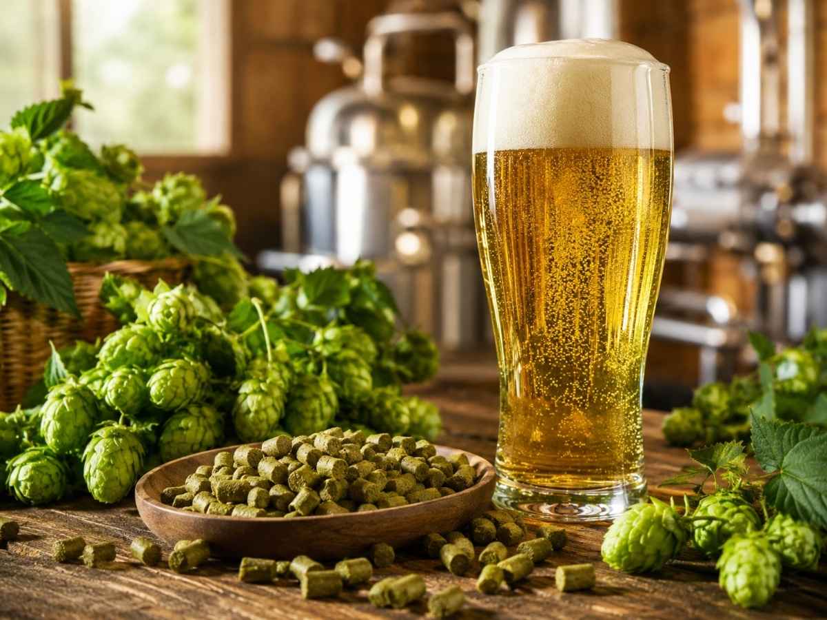 Hopfenpellets für Pils und Lager Bier mit frischen Hopfendolden und hellgoldenem Bier beim Bier brauen