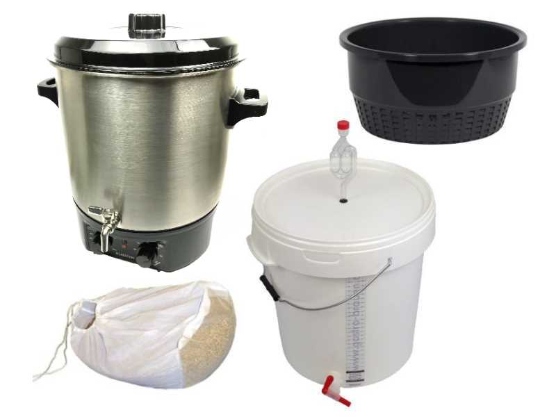 Complete brewing system with lautering attachment, fermentation bucket and mash bag