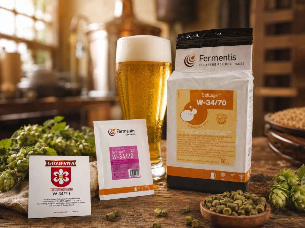 Bierhefe für Pils und Lager mit W34-70 Trockenhefe und hellgoldenem Bier beim Bier brauen