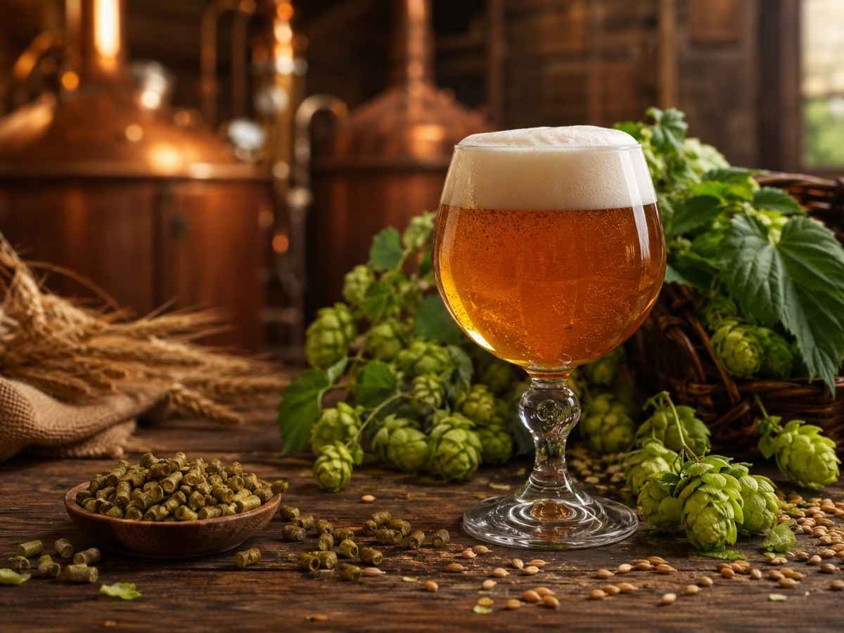 Hopfenpellets für belgisches Bier mit goldfarbenem Ale und frischen Hopfendolden beim Bier brauen